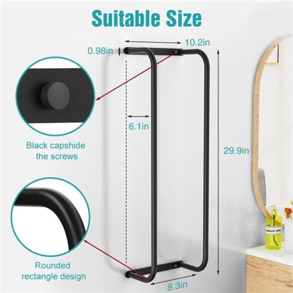 Towel Rack Wall Mounted, Stainless Steel Towel Racks, Black - Picture 7 of 8